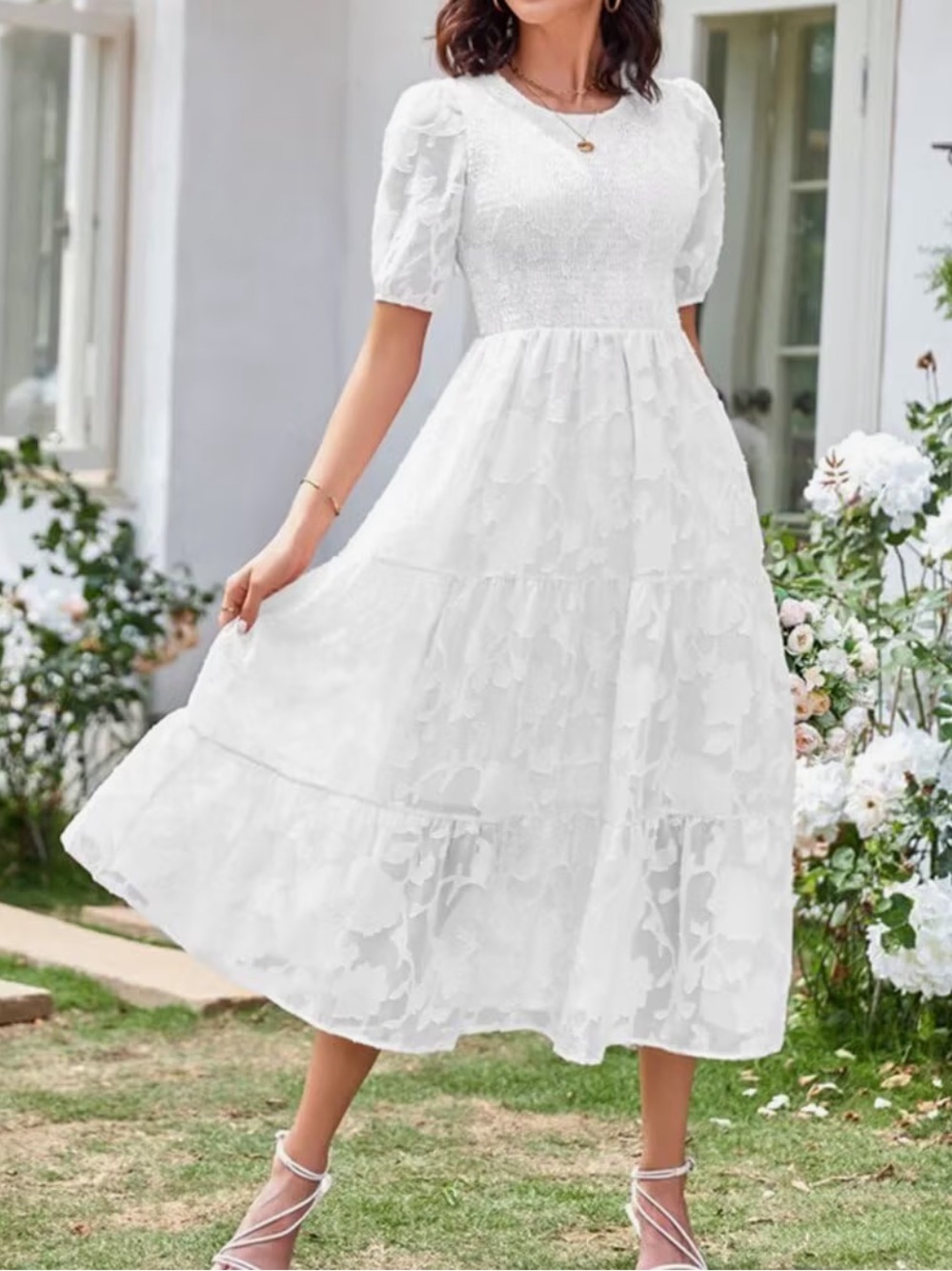 🟡 3/$15 DEAL! Puff Sleeve Floral Lace Midi Dress - White - L